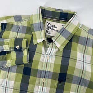 American Eagle Men M Vintage Fit Plaid Long Sleeve Button Down Shirt Blue Green‎